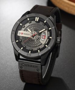 Relógio Masculino Curren com pulseira de couro a prova d'água movimento quartzo caixa redonda com calendário todo preto
