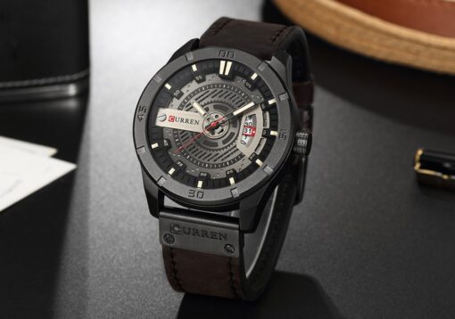 Relógio Masculino Curren com pulseira de couro a prova d'água movimento quartzo caixa redonda com calendário todo preto