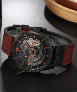 Relógio Masculino Curren com pulseira de couro a prova d'água movimento quartzo caixa redonda com calendário com pulseira e detalhes vermelhos