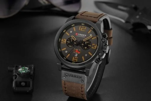 Relógio de Pulso Quartzo Multifuncional com Vidro HardLex, À Prova D' Água com Pulseira de Couro modelo CURREN Mens Sport Luxo - Imagem 2
