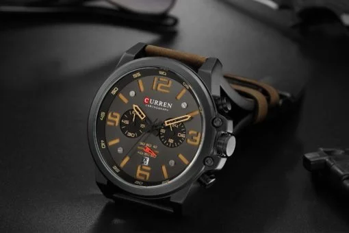 Relógio de Pulso Quartzo Multifuncional com Vidro HardLex, À Prova D' Água com Pulseira de Couro modelo CURREN Mens Sport Luxo - Imagem 3