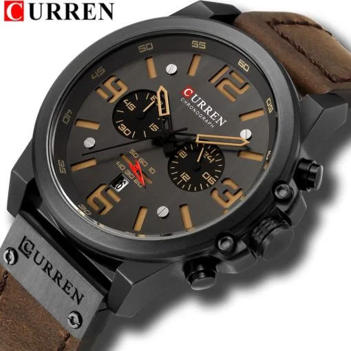 Relógio de Pulso Quartzo Multifuncional com Vidro HardLex, À Prova D' Água com Pulseira de Couro modelo CURREN Mens Sport Luxo