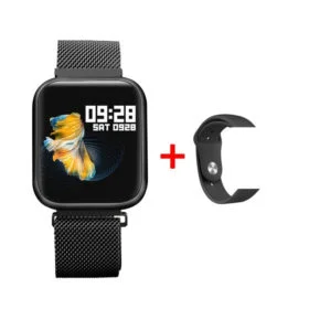 Preto com Pulseira de Aço + (Pulseira de Silicone Preto e Película de tela)