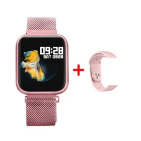Rosa com Pulseira de Aço + (Pulseira de Silicone Preto e Película de tela)
